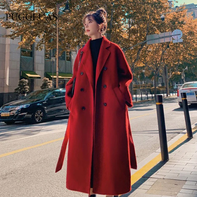 vorst Bloody kaping Winter Trenchcoat Voor Vrouwen Elegante Mode Koreaanse Casual Dikke Wollen  Jas Rood Kant-Up Lange Jas Zwarte Vrouw jas Met Blet _ - AliExpress Mobile