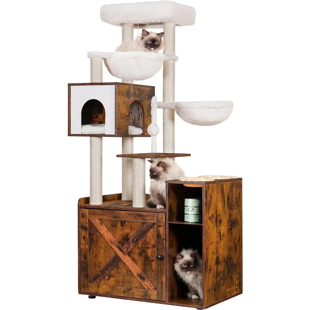 

Cat Tree with Litter Box Enclosure, Modern Cat Tower for Indoor Cats with Large Platform, Condo Food Station and 2 Hammocks