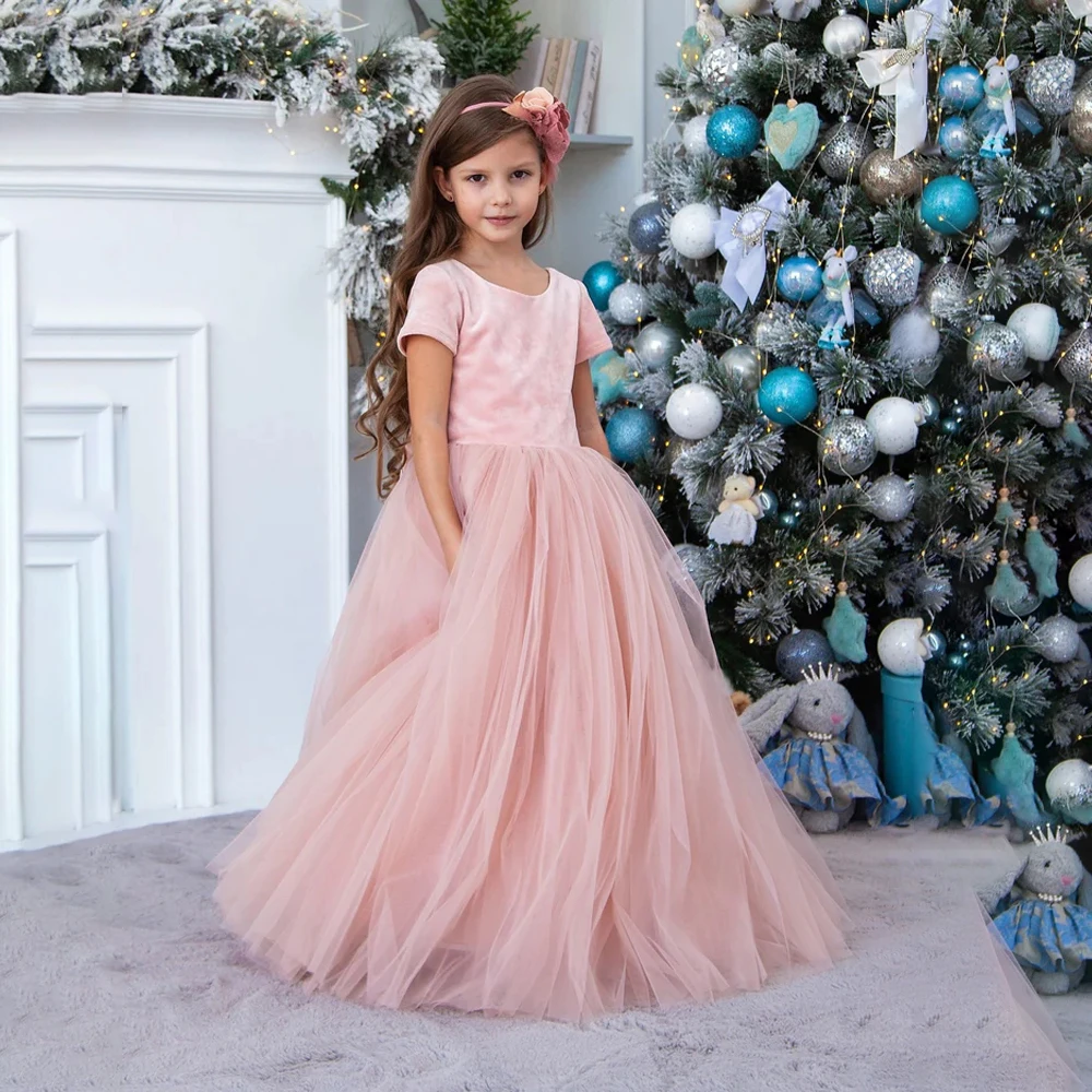 

O-neck Short Sleeve Flower Girl Dress Velet A-line Christmas Birthday Party Dress for Kid Tulle Bow Belt First Communion Gown