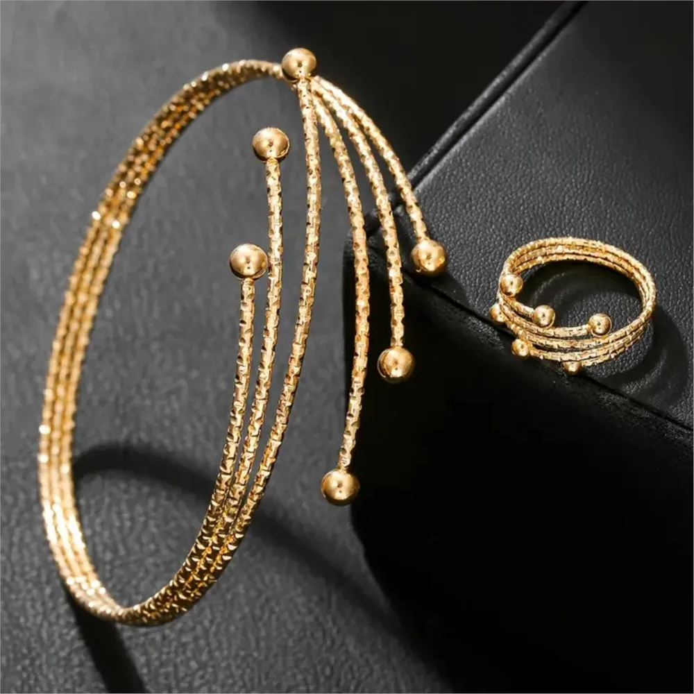 2pcs Golden Tone Arm Cuff + Ring Jewelry Sets for Women Multi Layered Temperament Bnagle Perfect Gift for Friends and Girlfriend