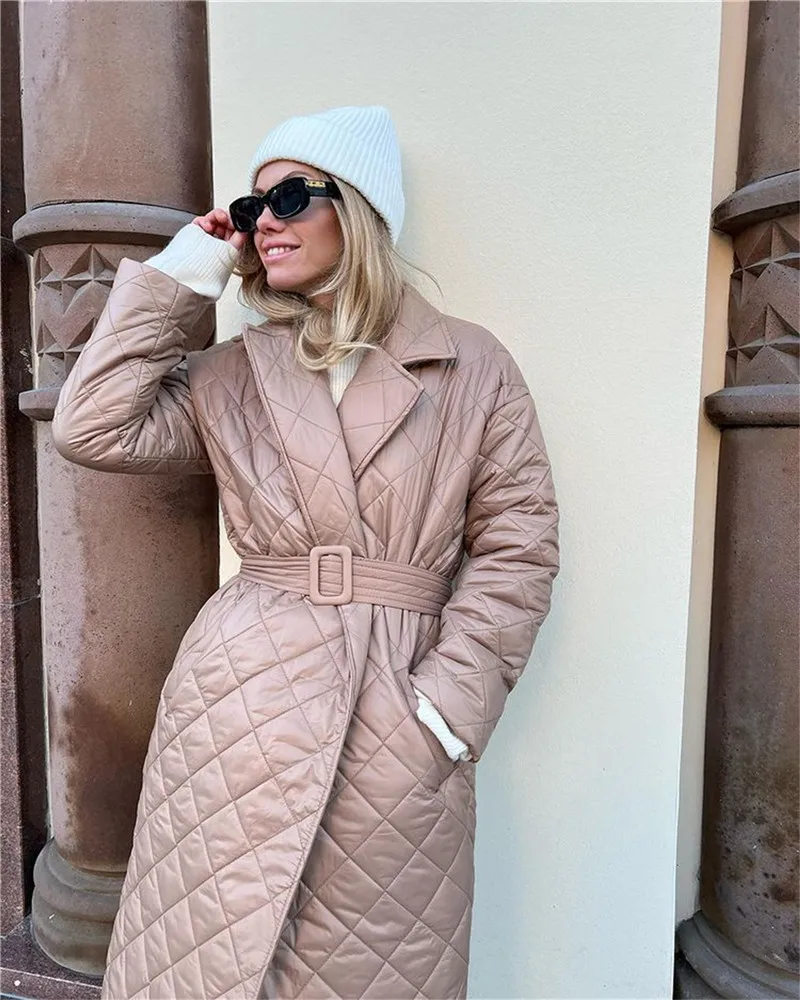 

Women's Winter Long Parka 2023 Oversize Green Casual Lightweight Jacket Padded with Belt Fashion Cotton Quilted Coats C002