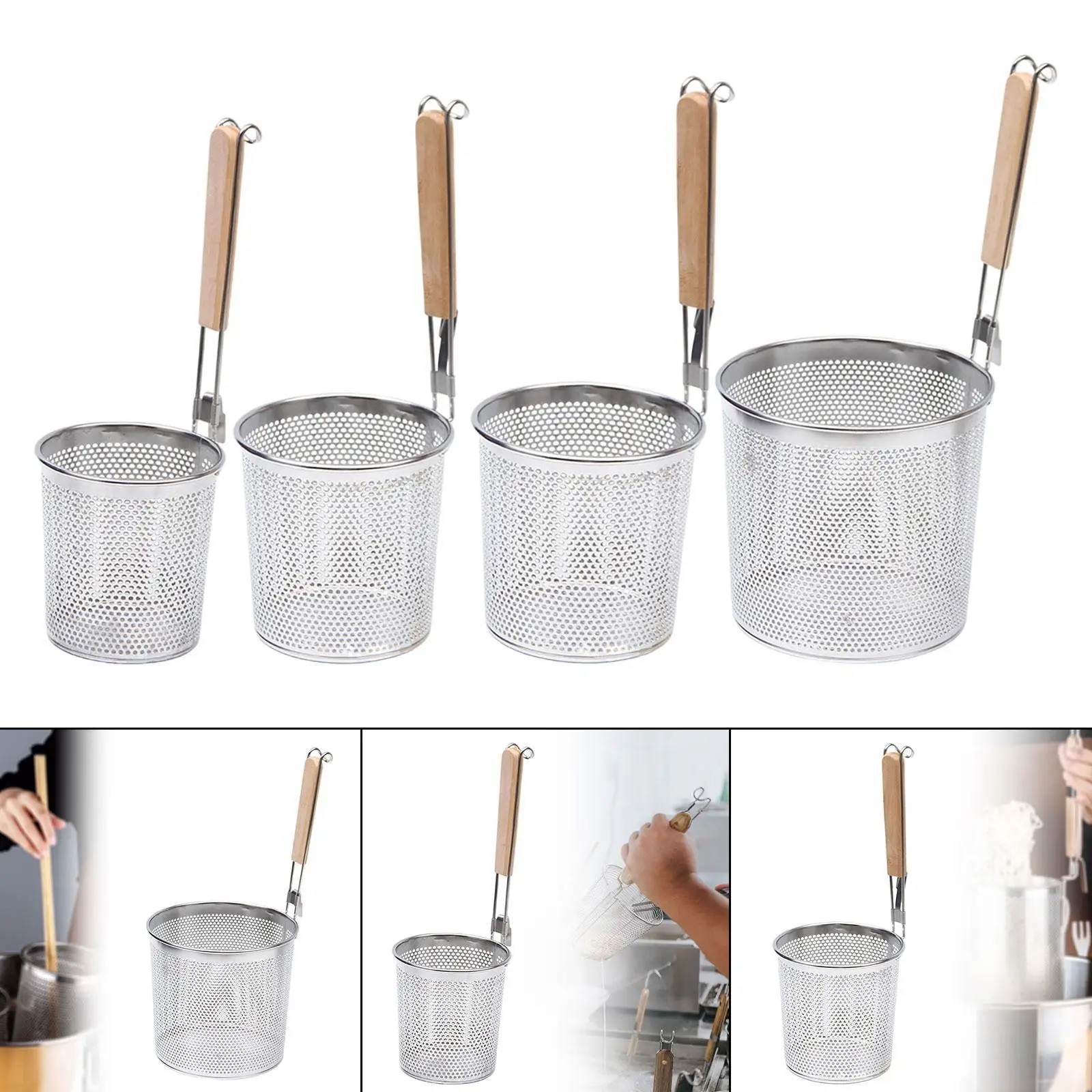 Stainless Steel Pasta Strainer Frying Serving Basket with Wood Handle for Onion Stainless Steel Pasta Strainer Frying Serving Basket with Wood Handle for Onion