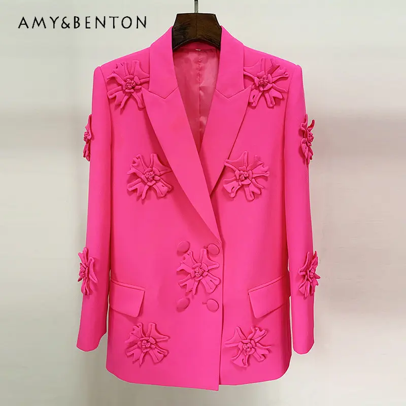 

2023 Spring Autumn New Fashion Double-Brewed Heavy Industry Flower Decorative Blazer Jacket Long Sleeve Straight Suit Coat