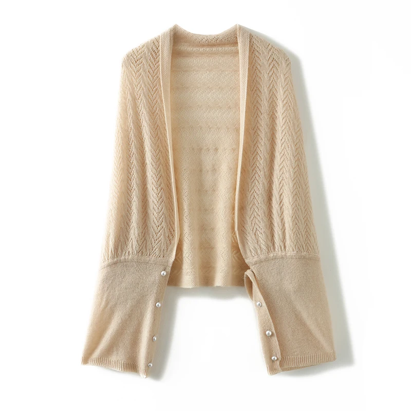 

Four Seasons Wearable Women's Pure Wool Thin Coat Celebrity Temperament Pearl Solid Color Shawl Striped Open Cardigan