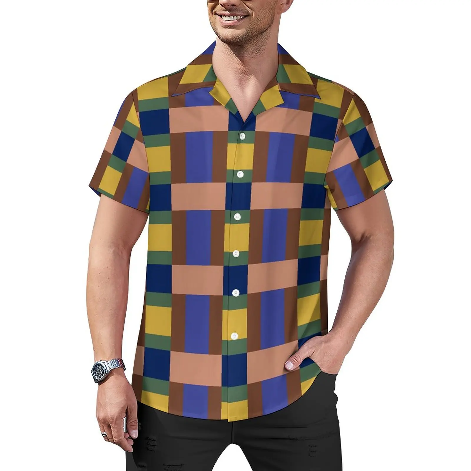 

Patchwork Print Casual Shirt Green Yellow Block Vacation Loose Shirt Hawaiian Fashion Blouses Short Sleeves Design Oversize Tops