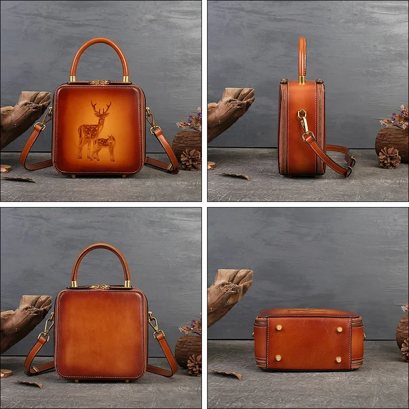 Deer embossed leather handbag first layer cowhide retro slung Women's bag luxury bag woman