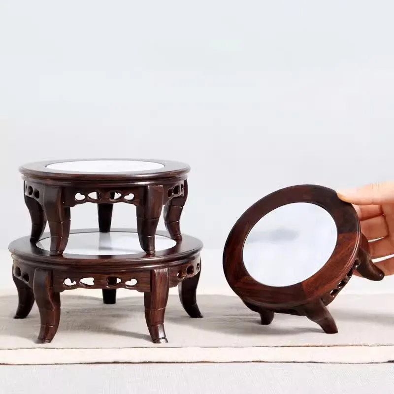 Black sandalwood inlaid marble round base, solid wood Chinese handicraft ornament, unique stone vase base, wooden bracket