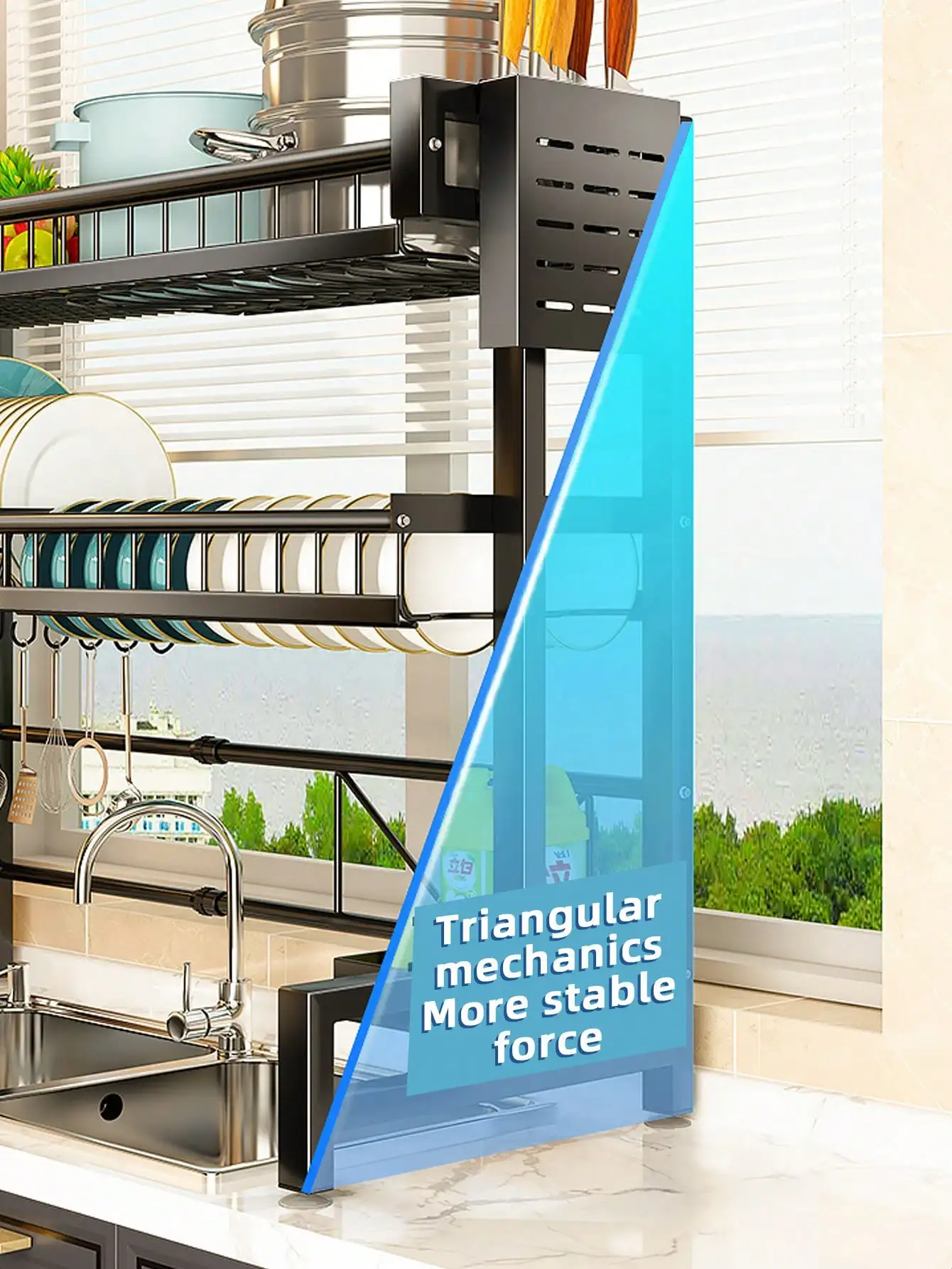 Expandable 2-Tier Stainless Steel Sink Dish Rack with Cutlery & Chopstick Holders 3