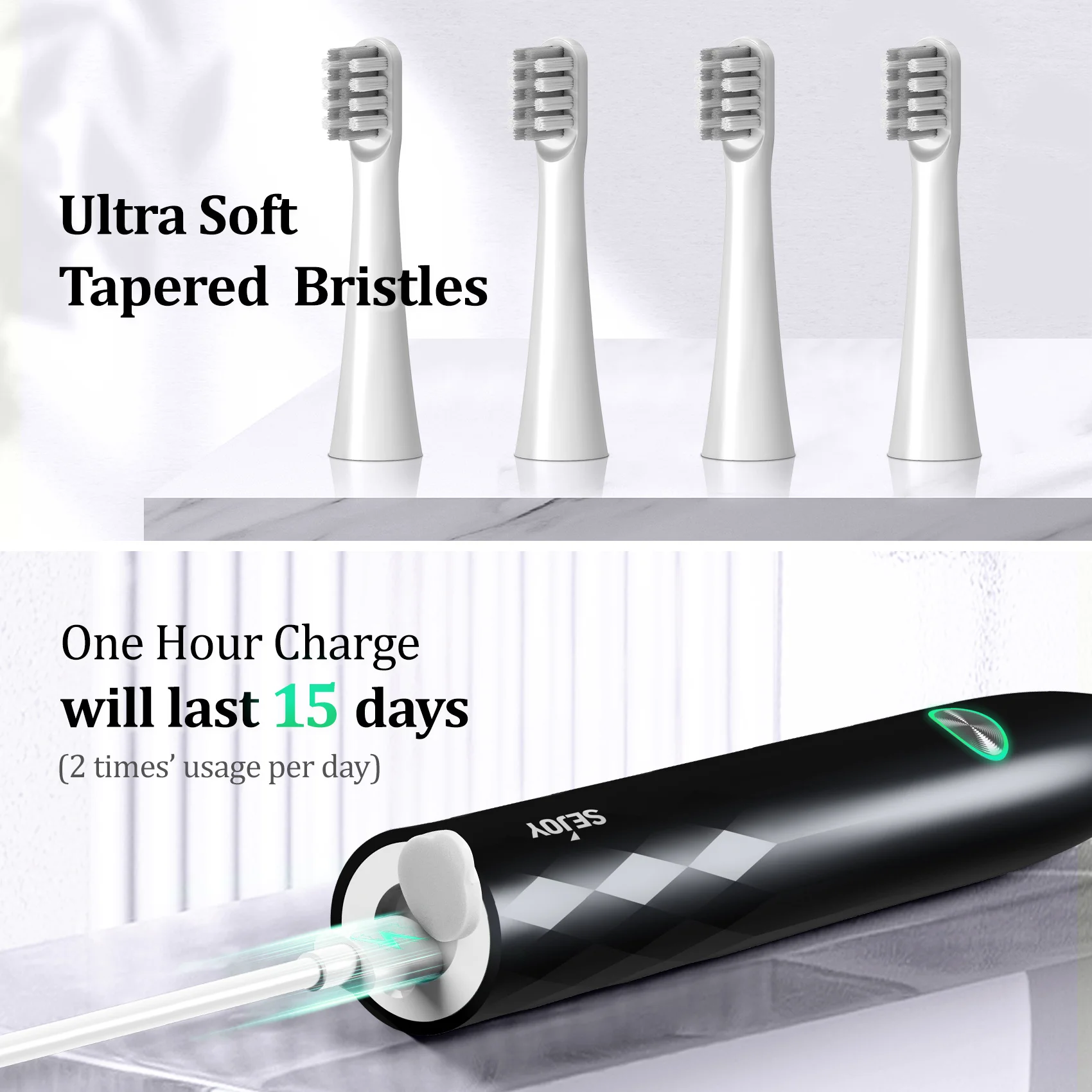 Sejoy Electric Toothbrush Tooth brush USB Rechargeable Adult Ultrasonic Teeth Cleaning 3 Replacement Toothbrush Heads