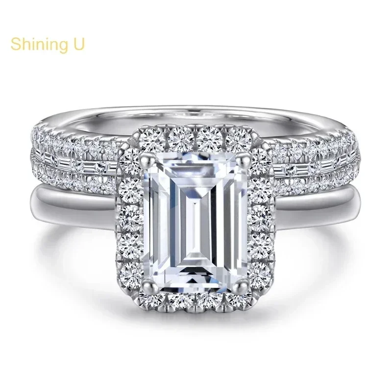 

Shining U S925 Silver Emerald Cut Simulated Diamond Gems Ring Set Fine Jewelry for Women Wedding Anniversary