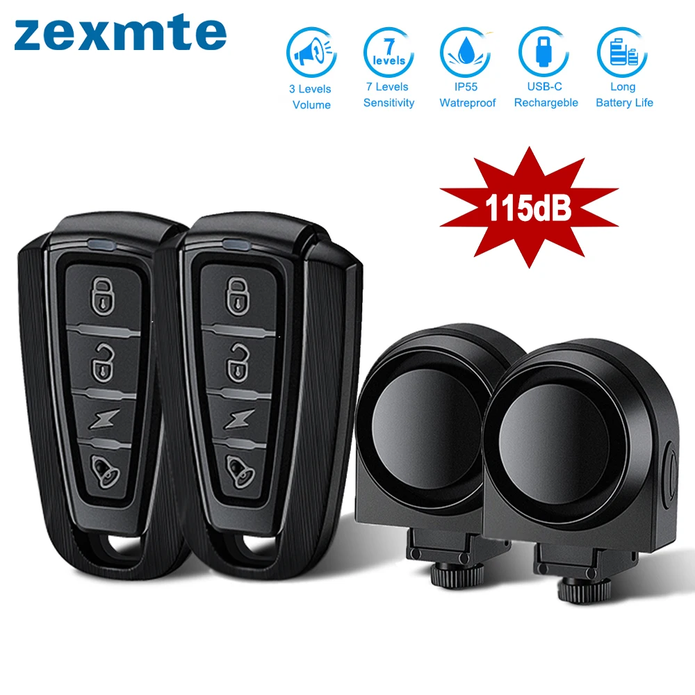 

Zexmte Bike Alarm 115dB Wireless Waterproof Bicycle Vibration Alarms USB Charging Remote Control Motorcycle Security Protection