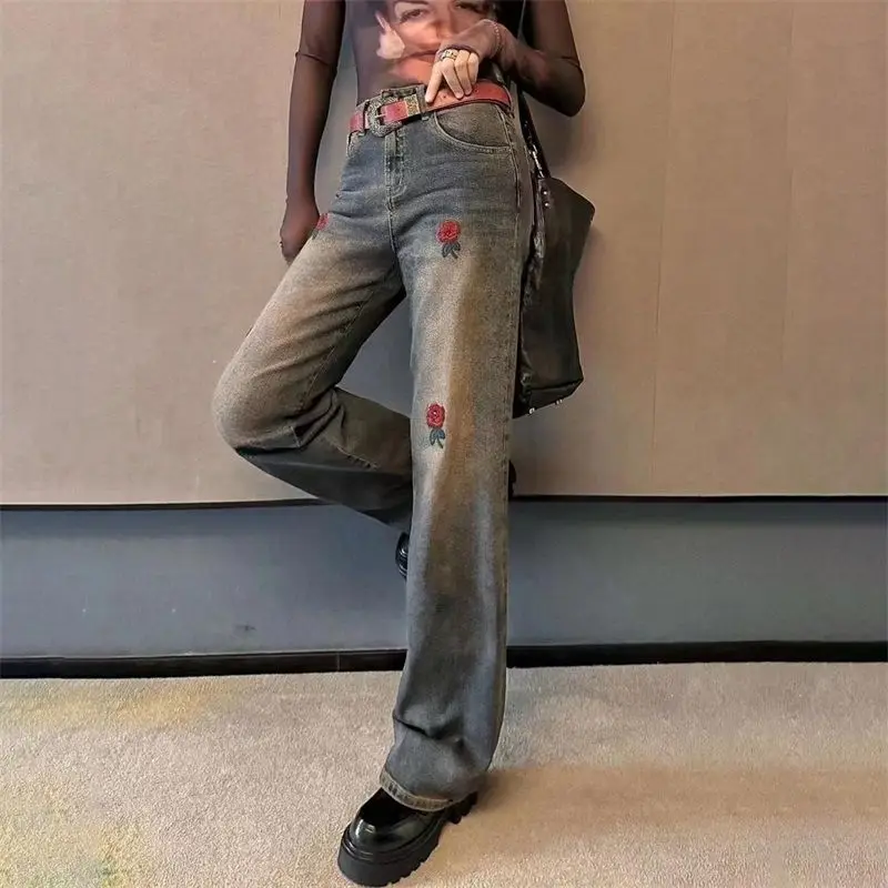Women's Solid Button Zipper Embroidery Jeans 2023 Autumn and Winter High Waist Loose Large Fashion Vintage Straight Leg Pants