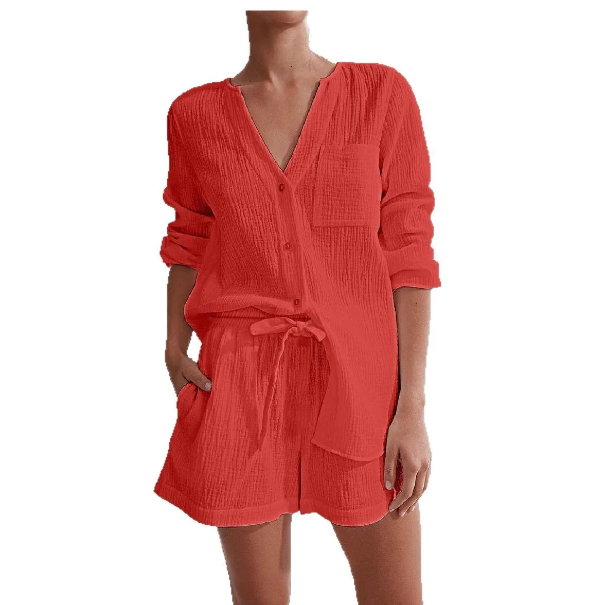Women Loungewear Sets V Neck Loose Blouse Shirt High Elastic Drawstring Shorts