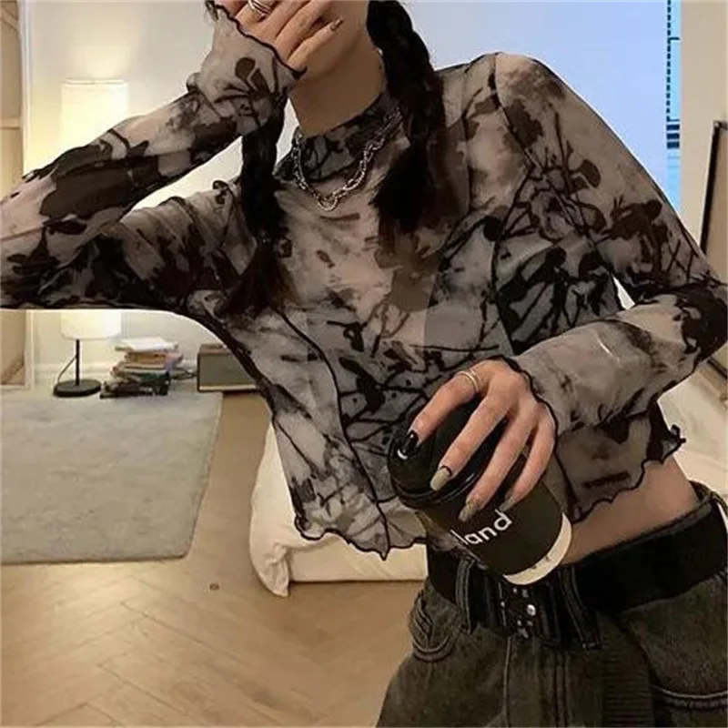 Korean Fashion Y2k Women Tie-dye T-Shirts Sexy Mesh Crop Tops Long Sleeve See Through Slim Turtleneck Female Printed Outfits