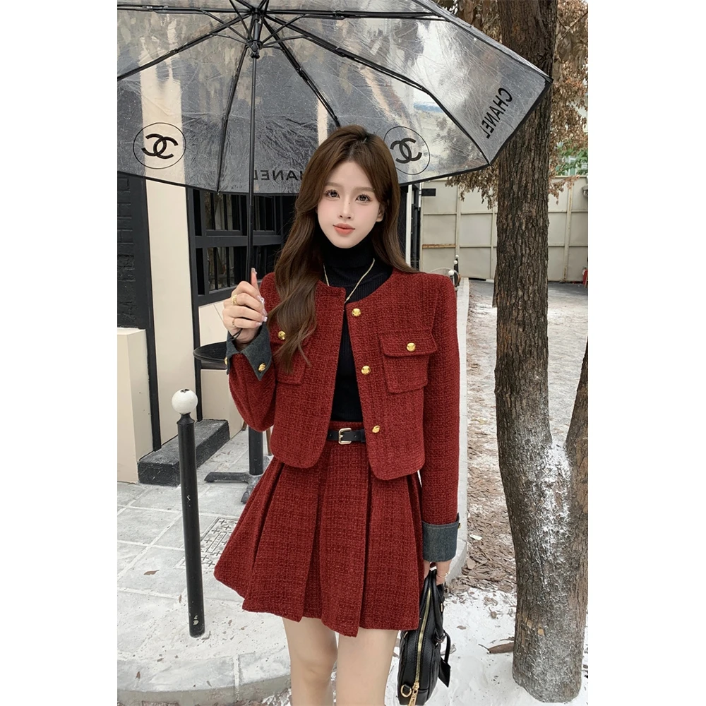 Autumn Winter New Red Tweed Two-piece Skirt Set Women Short Jacket Coat Pleated Mini Skirt Korean Fashion Chic Female Outfits