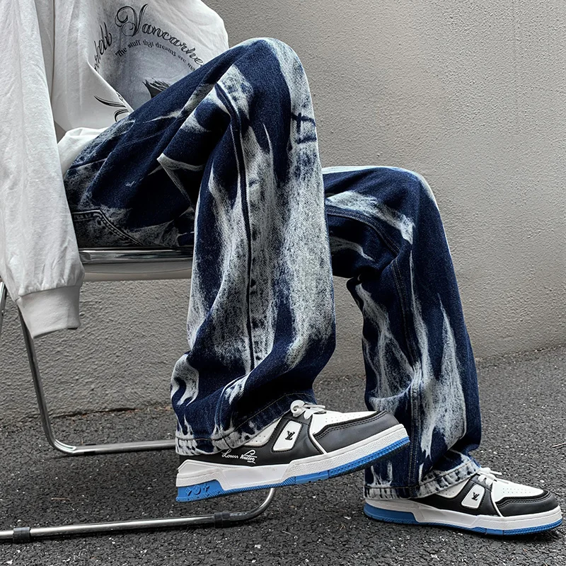 Trendy Tie Dyed Men's Jeans High Street Wide Leg Straight Streetwear Man Denim Jeans Hip Hop Male Casual Oversize Trousersb vb65