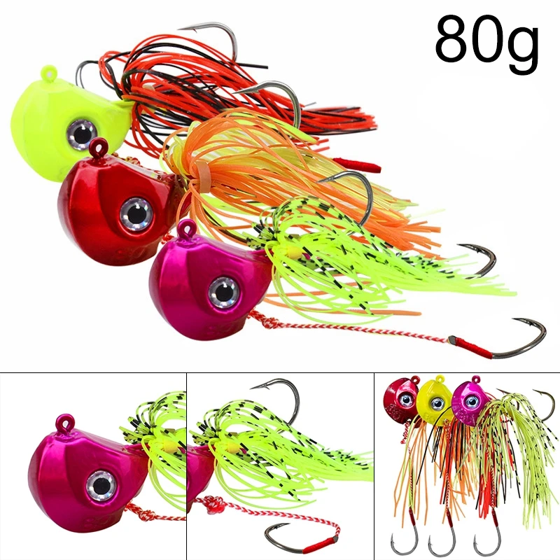 

80g Fishing Jig Lure Silicone Skirts Jig Bait Head with Colorful body Lifelike Eyes for Sea / Boat Fishing