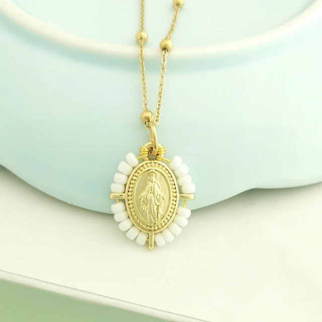 Collier ras du cou pour femme avec pendentif Vierge Marie, chaîne en acier inoxydable couleur or, perles de rocaille, style bohème blanc, noir, rose