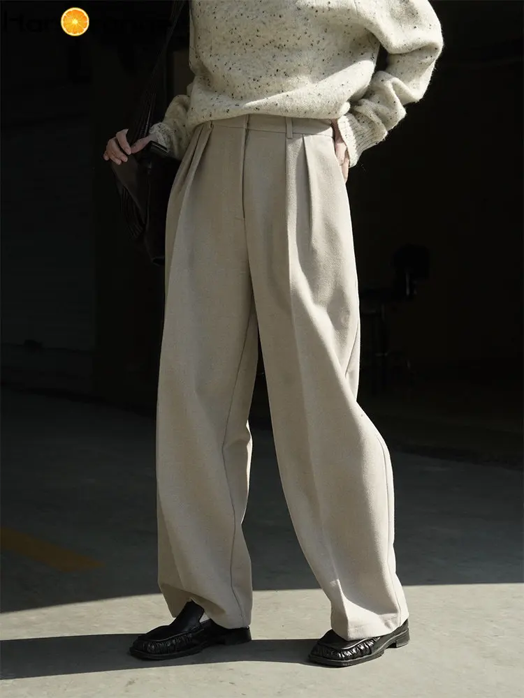 

HanOrange 2024 Winter Simple Brushed Straight Pants Women Loose Double Fold Trousers Female Dark Grey/Light Grey