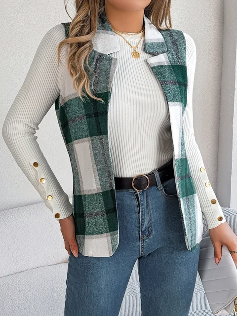 Autunno Inverno Casual Color Block Plaid Giacca di lana senza