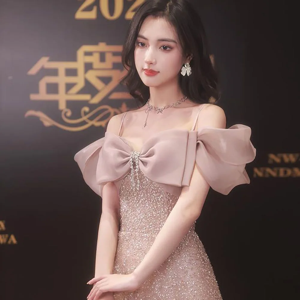 

Off Shoulder Evening Dress for Women 2023 New Sequin Lace Up Wedding Banquet Floor-length Party Gown Birthday Prom Dresses