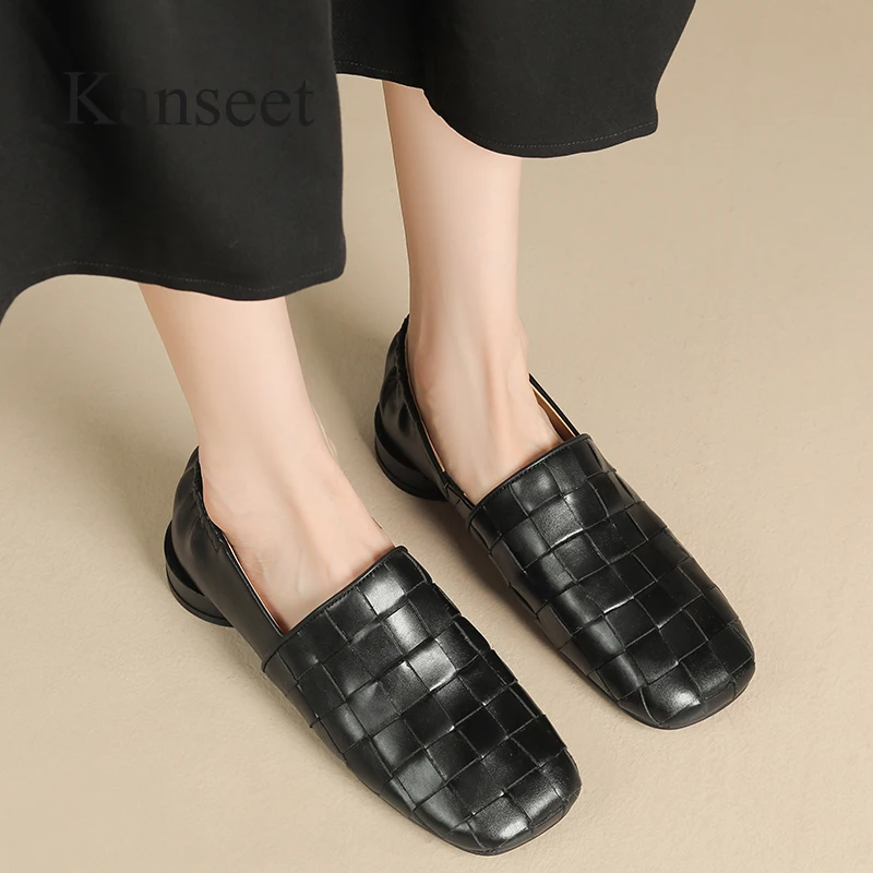 

Kanseet Genuine Leather Shoes Women 2023 Autumn Newest Black Square Toe Fashion Weave Handmade Casual Flats Female Footwear 40