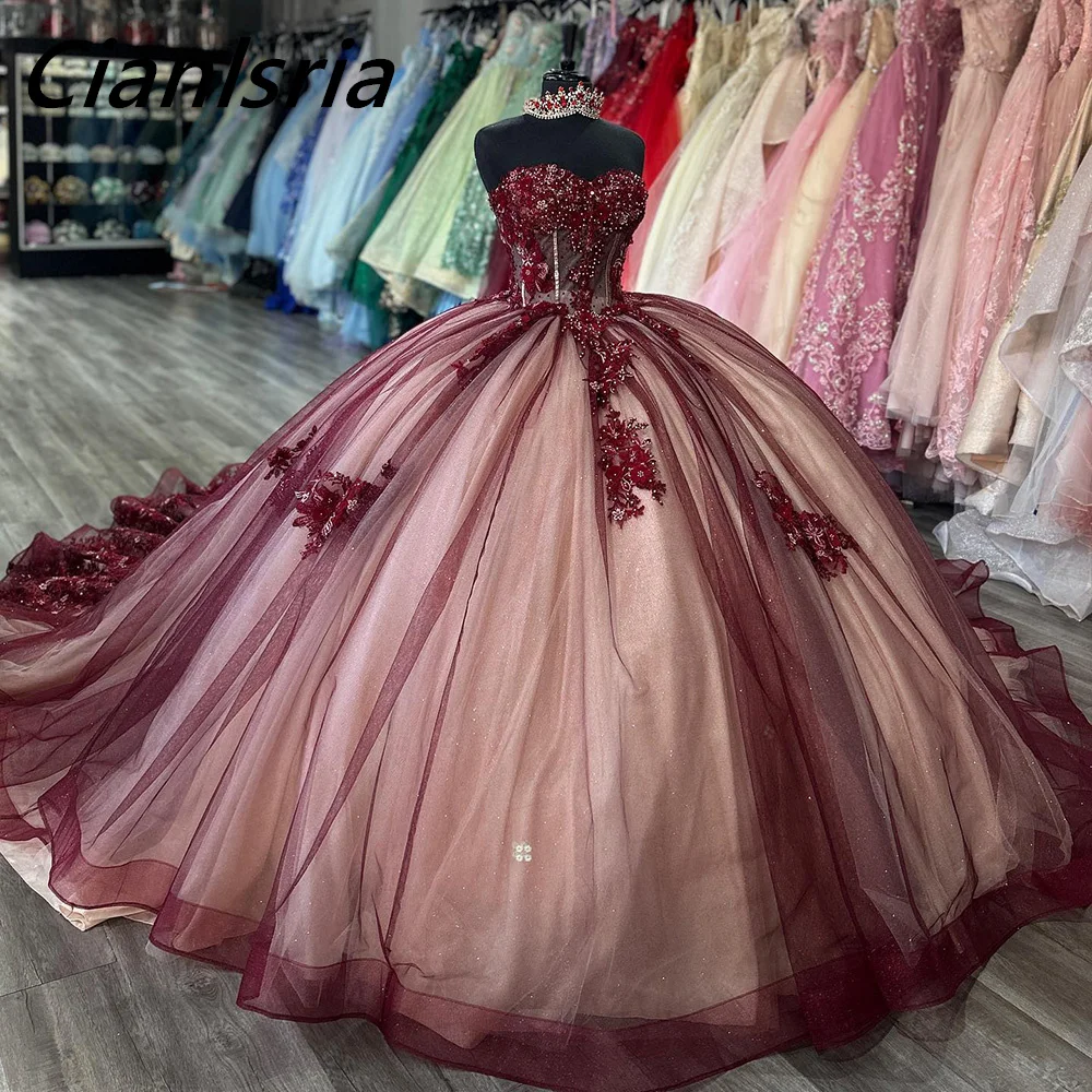 

Dark Red Sleeveless Floral Appliques Lace Ball Gown Quinceanera Dresses Illusion Pearls Beading Corset Vestidos De 15 Años