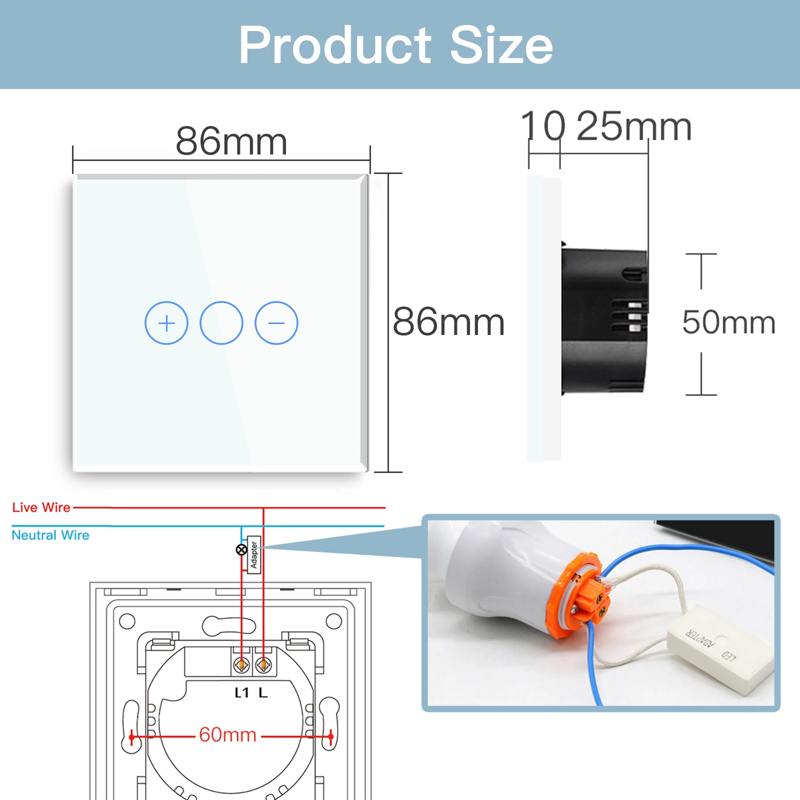 BSEED 1Gang 터치 조광기 스위치 1Way LED 디밍 가능 스위치 벽 센서 스위치 파란색 백라이트 유리 패널 EU 표준 10A