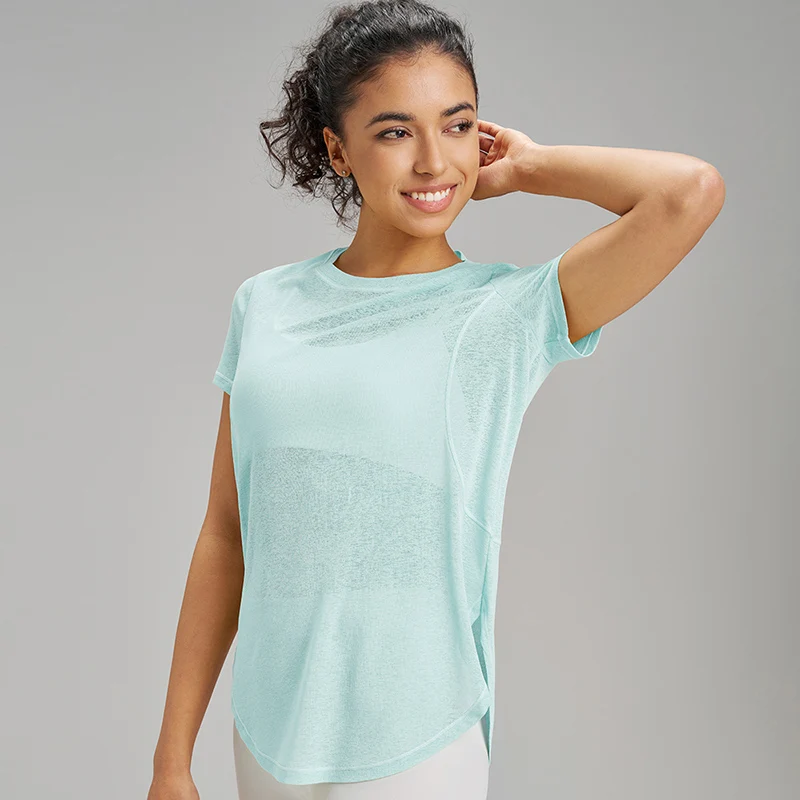 Summer hollow back loose yoga short sleeve fitness leisure sports short sleeve mesh breathable yoga clothing women