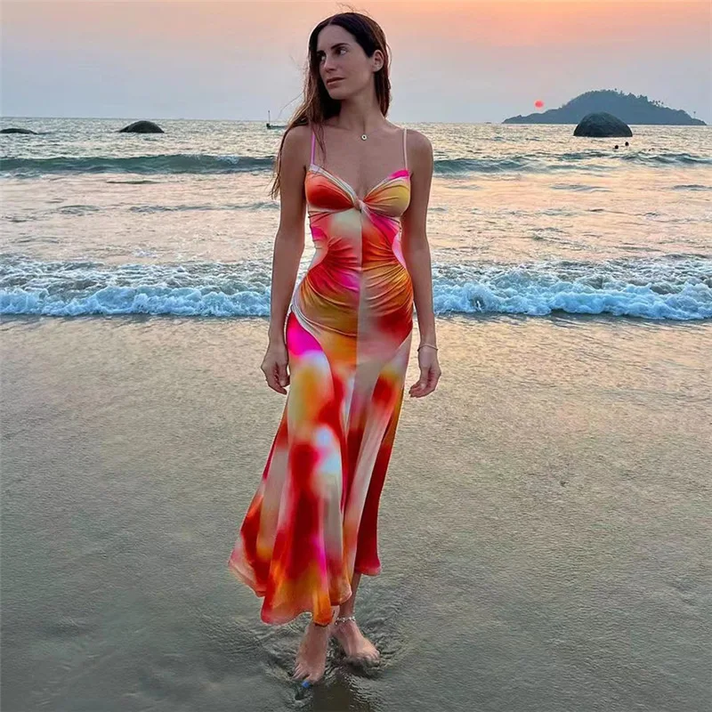 

2023 Summer Sexy Sleeveless Straps Backless Printed Maxi Dress Women Elegant Party Club Holiday Beach Vacation SlipLong Dresses