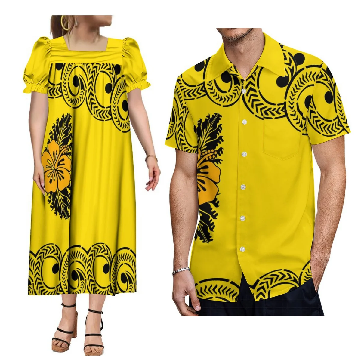 

Polynesian Tribe Custom Island-Style Mumu Dress Loose Dress Micronesian Party Dress Matching Men'S Shirt Couple Suit