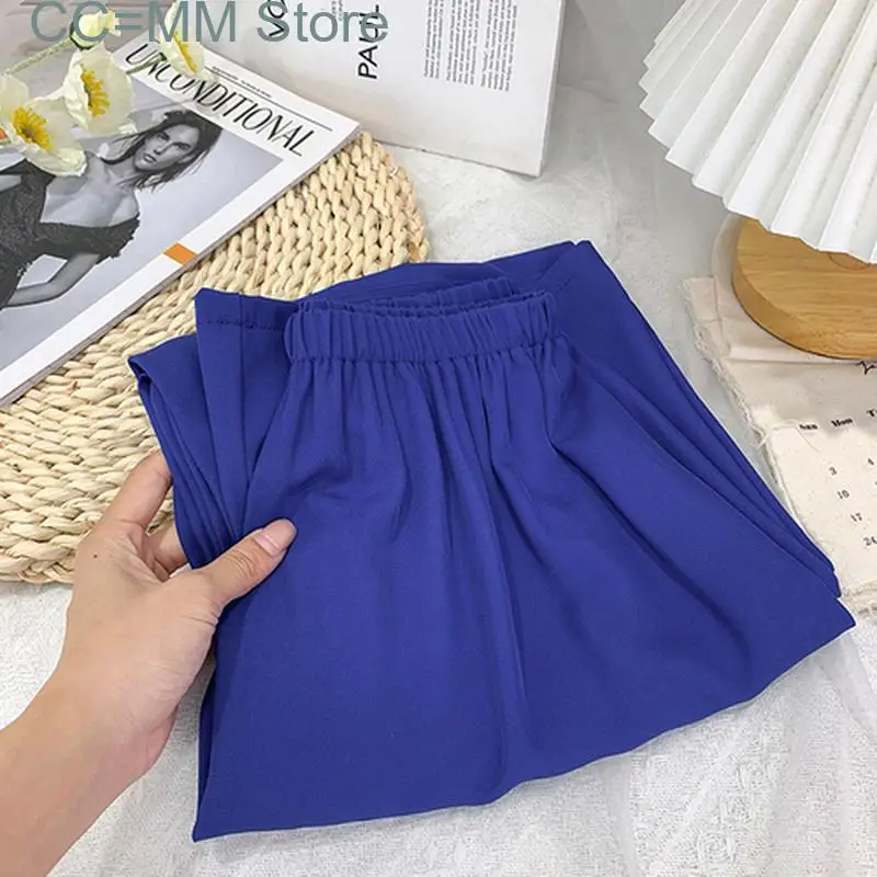 New Wide Leg Pants for Women Suit Office Ladies Elastic High Waist Summer Chiffon Casual Straight Ankle Length Bottom