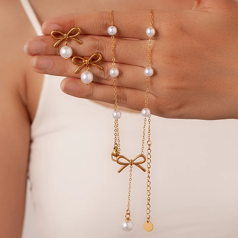 ANENJERY 316L Stainless Steel Smooth Bowknot Heart Tassel Necklace Earring For Women Delicate French Jewelry Set Gifts