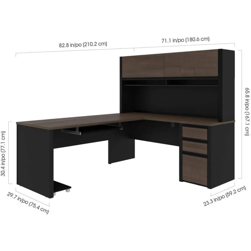 Connexion 72W L-Shaped Desk with Hutch and Pedestal in Antigua & Black 3