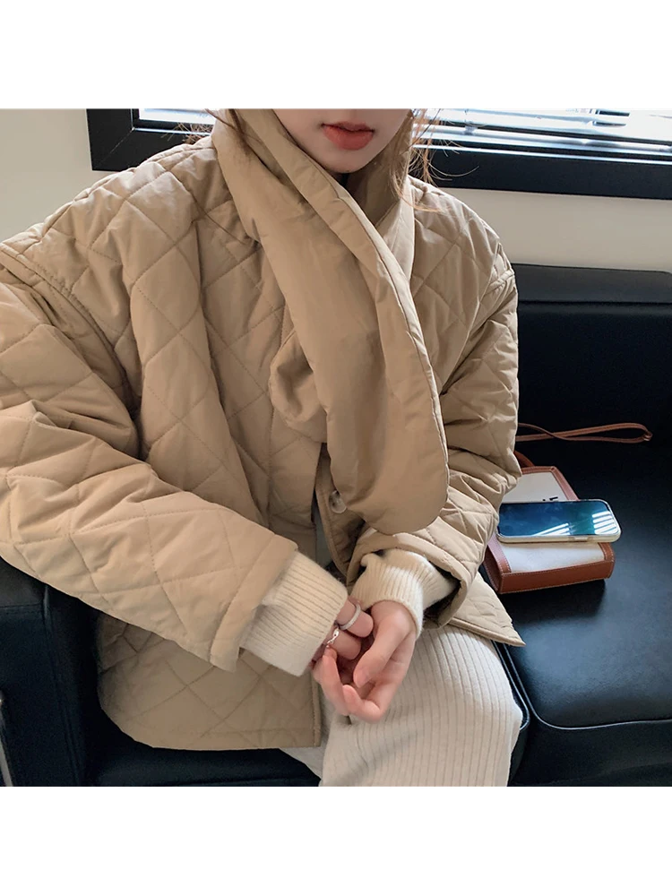 

Women Autumn Winter Female Argyle Single Breasted Quilted Coats with Scarf Warm Overcoat Oversize Short Cotton Parkas Jacket