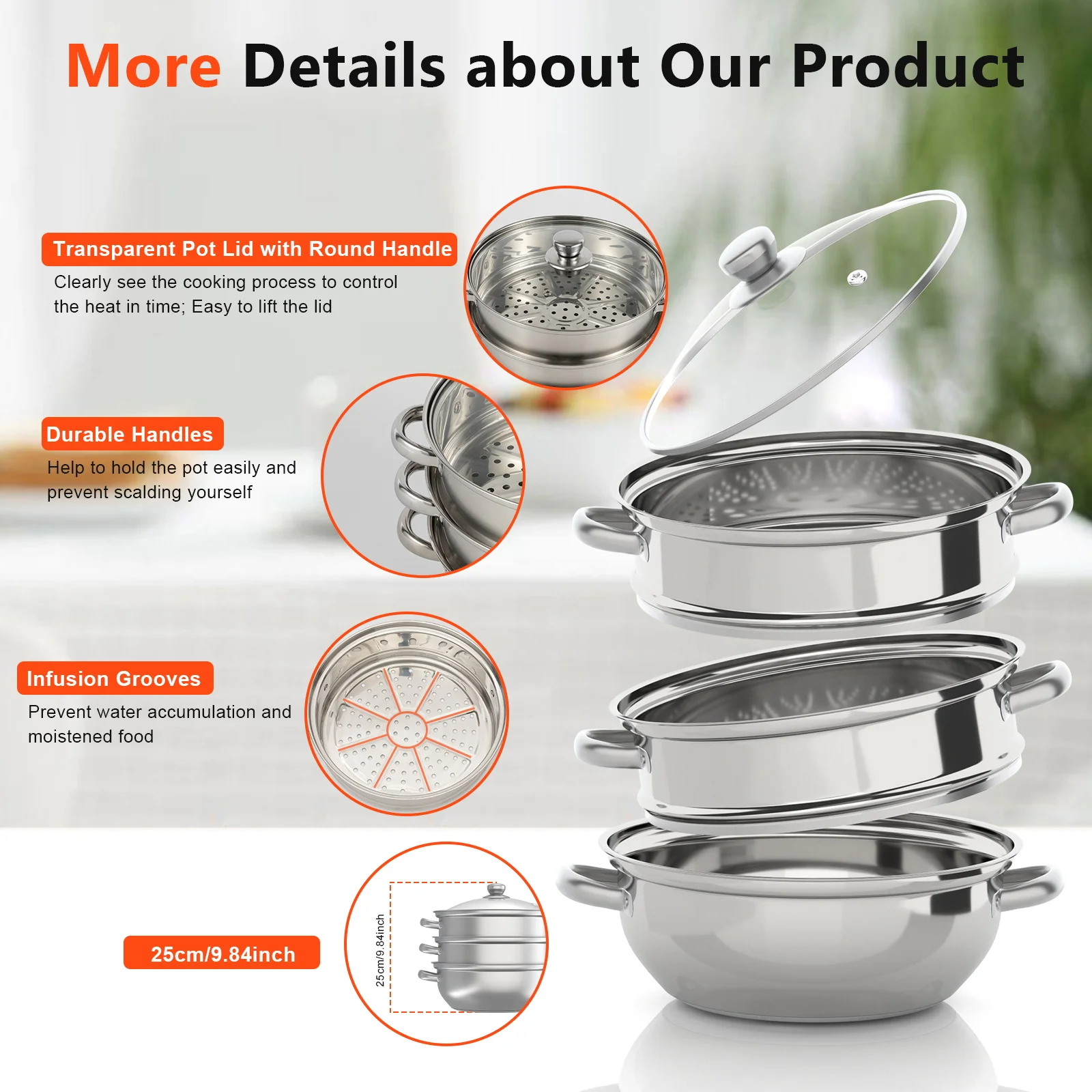 3-Tier Stainless Steel Steamer Pot with Glass Lid, Induction/Gas Stove Compatible, 28cm Multi-Layer Cookware