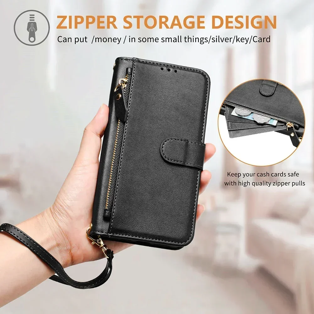 Zipper Multi Card Slots Wallet Cover with Lanyard