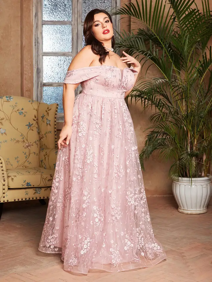 formal plus size pink dresses Xpluswear Design Split Off Shoulder Ruffle Maxi line evening gowns for formals and plus Off-the-Shoulder Long Plus-Size Prom Dress