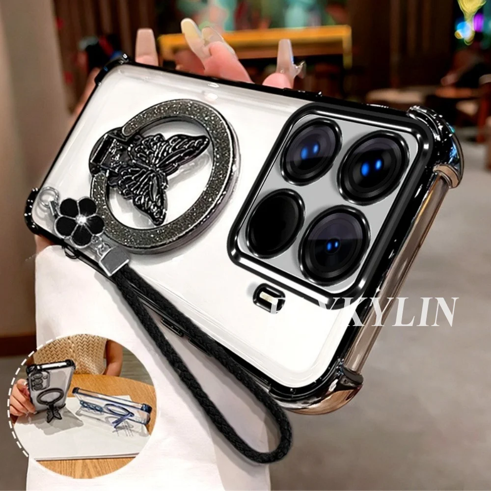 Transparent Soft Shell with Butterfly Bracket and Four Leaf Clover Hand Rope