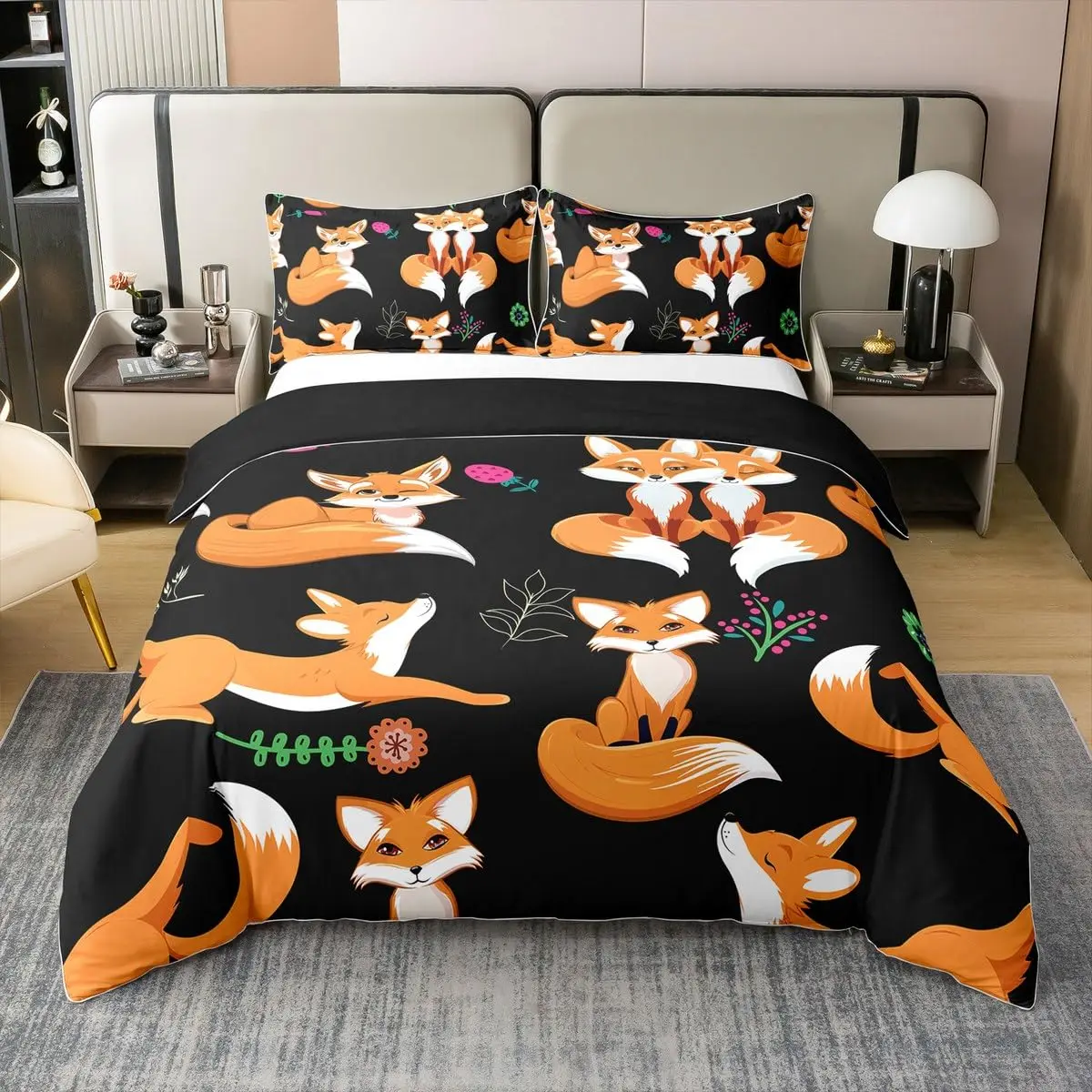 Kids Fox Bedding Set Toddler Natural Floral Comforter Cover Set for Boys Girls Blossom Flowers Pattern Duvet Cover 2