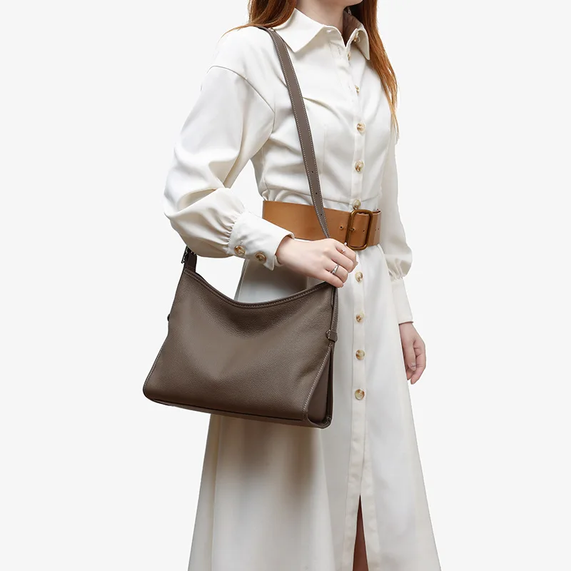 Casual Genuine Leather Tote Bag for Women Large Capacity Single Shoulder Handbag Pure Color Soft Cowhide Tote Handbag