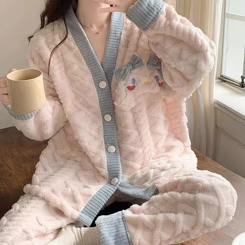 

Новинка 2023, пижама Sanrio Cinnamoroll из плотного плюша с длинными рукавами, милая Студенческая весенне-осенне-зимняя пижама из кораллового флиса для девочек