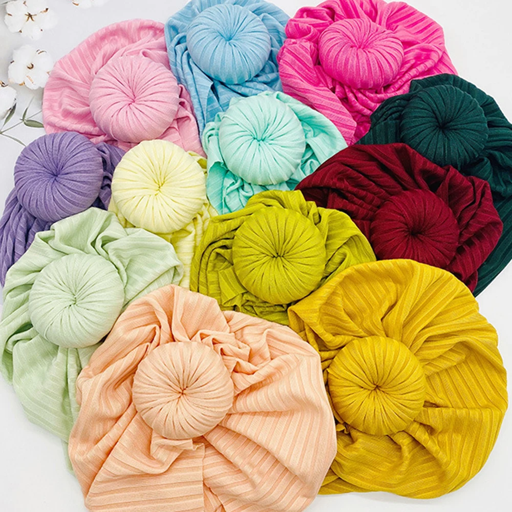 Newborn Summer Cotton Turban Beanie Striped Round Ball Bonnet Hat for Baby Girls Boys Headwrap Infant Bebe Bright Color Headwear