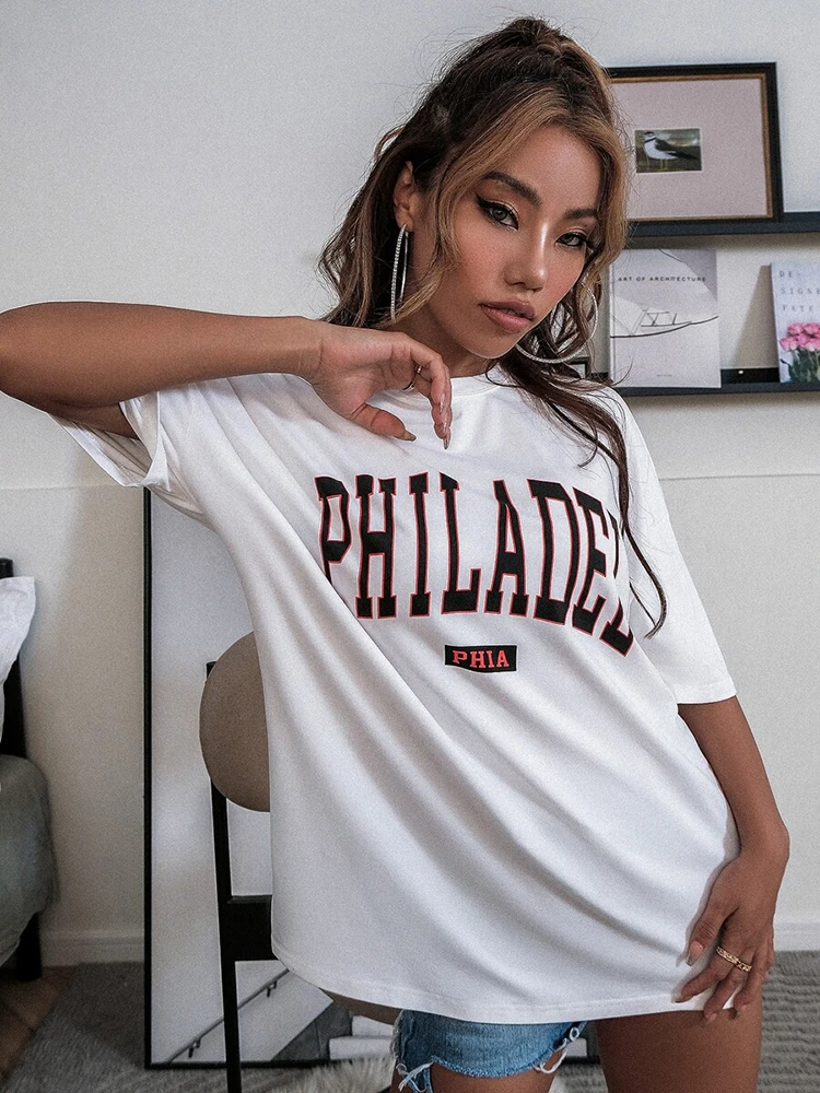 Philadel Street Personality T-Shirts Women 2023 Summer tees Oversized Hip  Hop Tops 100% Cotton Brand Tshirts Personality Clothes