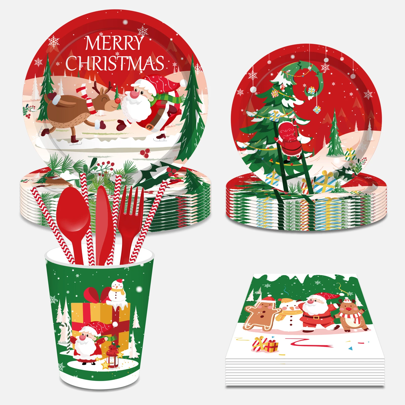 

Merry Christmas Party Disposable Tableware Sets Paper Dish Plates Cups Napkins Xmas Santa Tree Party Decoration Supplies