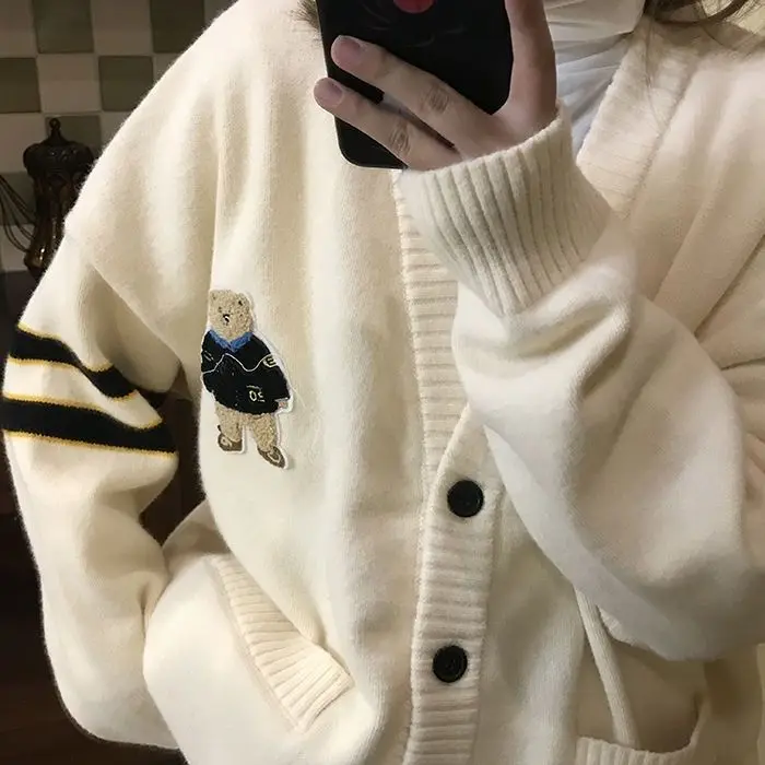 cropped cardigan Y2K Women Oversized Sweater Cartoon Embroidery KnittedV Neck Long Sleeve Tops Casual Party Sexy Club Sweaters Dresses Female vintage sweaters