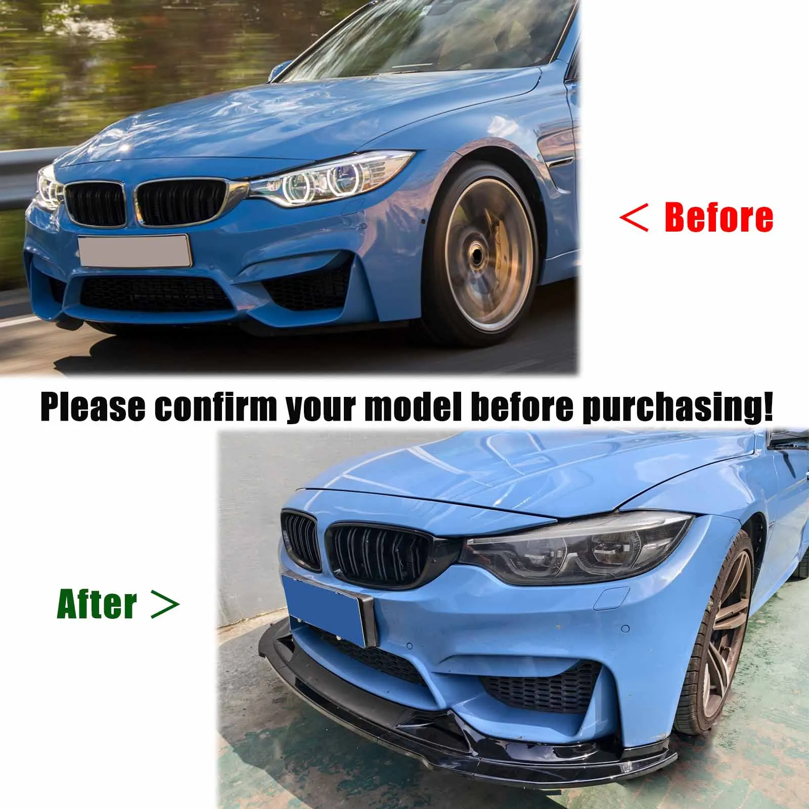 BMW F80 M3 F82 M4 2015-2020 프론트 범퍼 립 5PCS 자동차 액세서리 바디 키트 글로시 블랙 카본 파이버 프린트 ABS 플라스틱