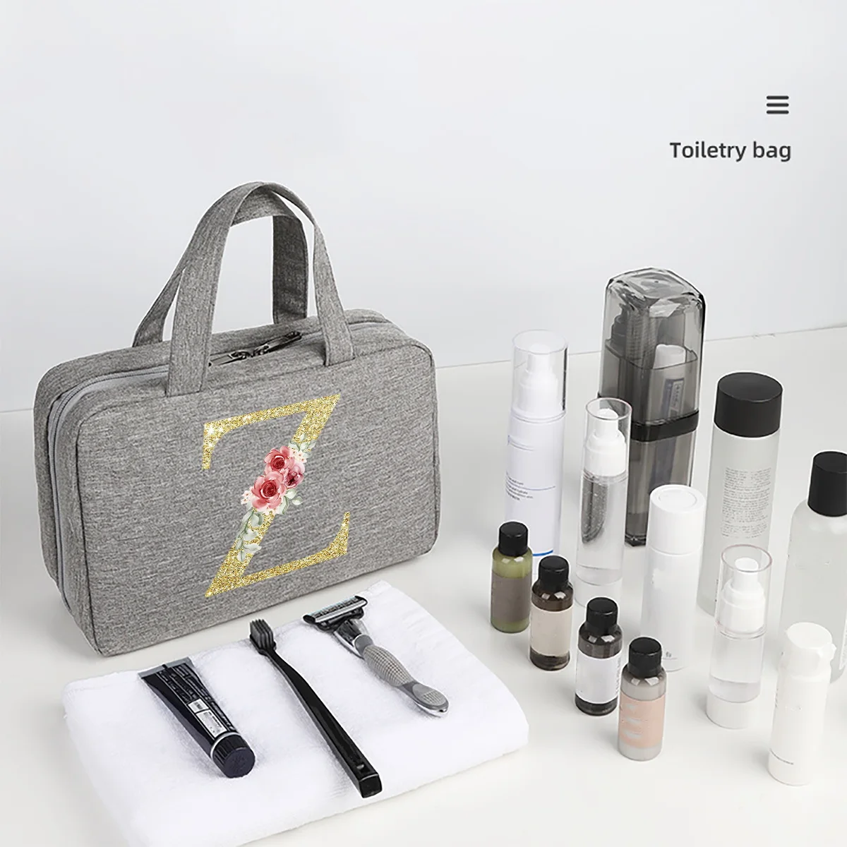 Golden letter printed travel waterproof foldable dry wet separation wash bag with large capacity cosmetic storage bag