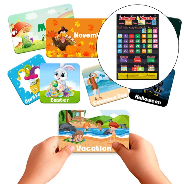 Fabric Calendar Weather Pocket Chart Classroom Homeschool Supplie Montessori Educational Toys For Kids Children 4