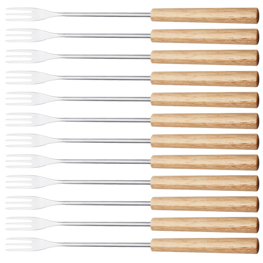 

12 Pcs Chocolate Fondue Fork Dipping Tools Sticks Candy Roasting Wood Handle Forks